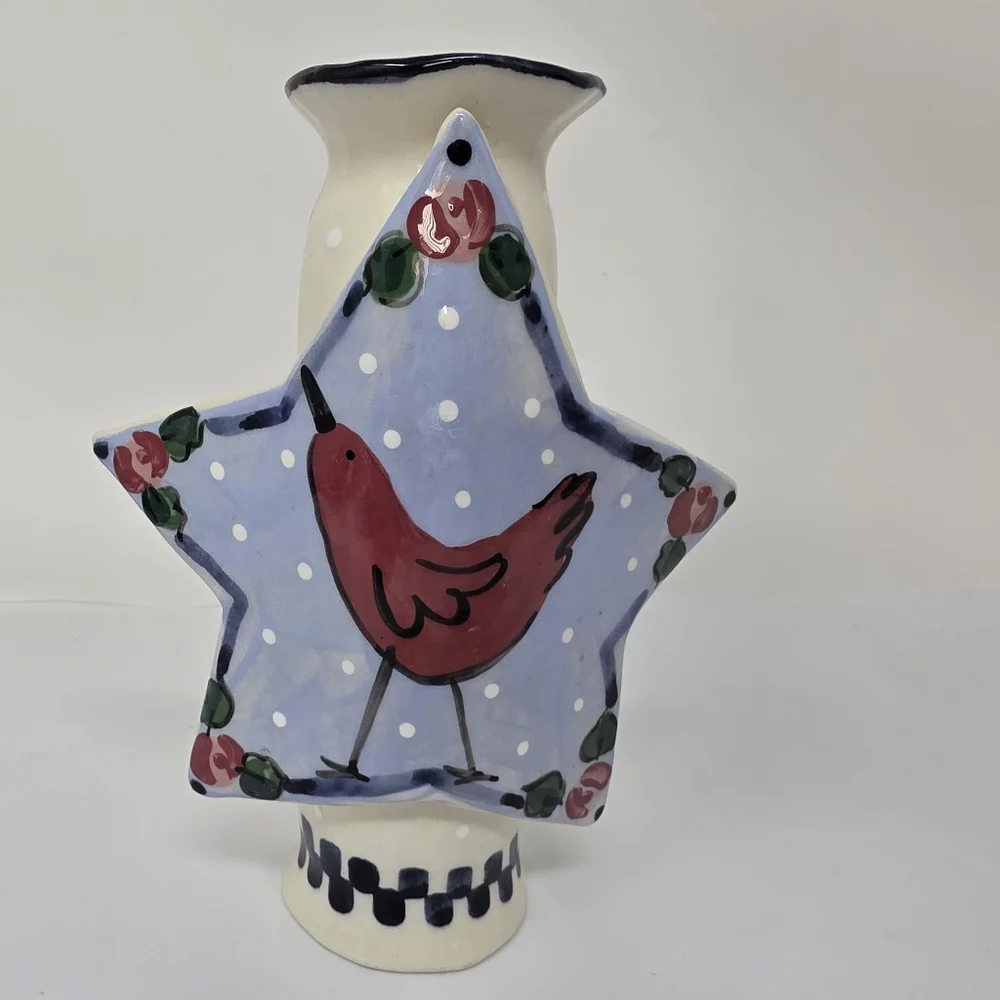 Candle Holder Ceramic Signed Red Bird Star Decoration Decor